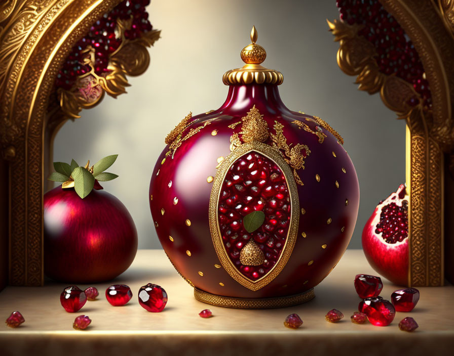 Luxurious Burgundy Vase with Golden Embellishments and Pomegranates