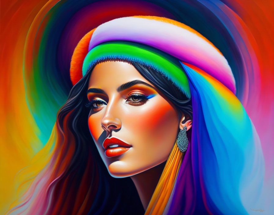 Colorful portrait of a woman with rainbow headband and hoop earring, featuring smooth skin and flowing