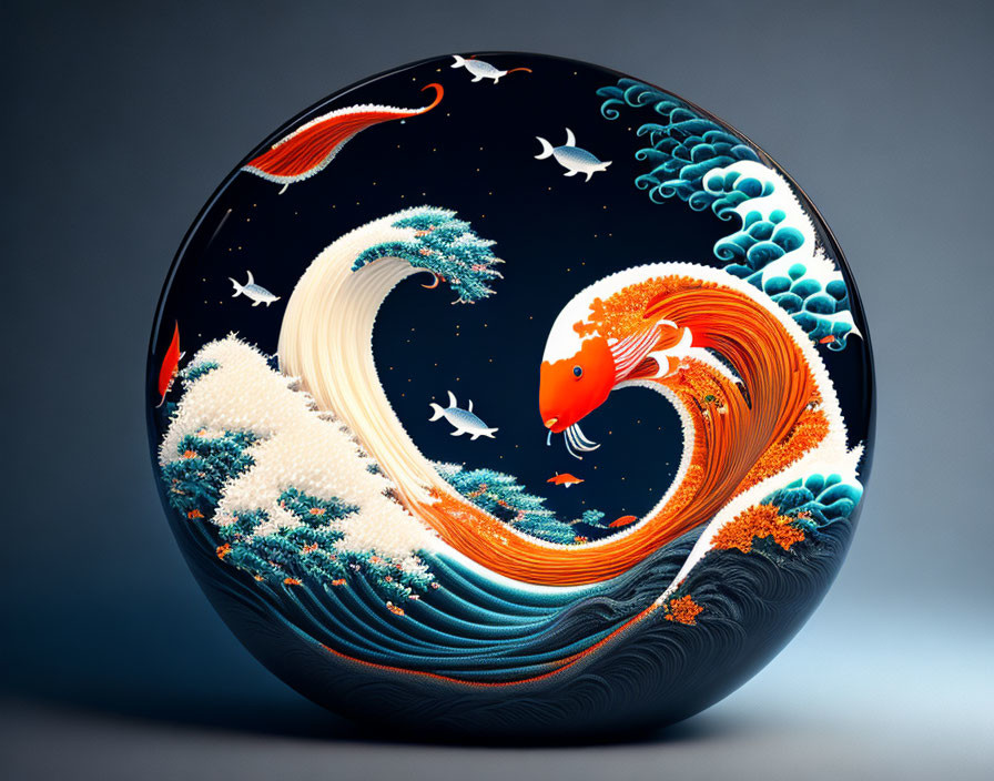 Stylized orange koi fish in decorative orb with birds and waves