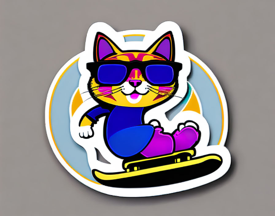 Colorful Cool Cat Snowboarding Sticker with Sunglasses