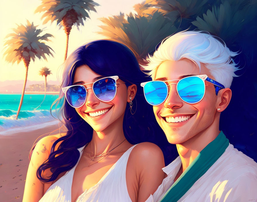 Smiling people with sunglasses on sunny beach with palm trees