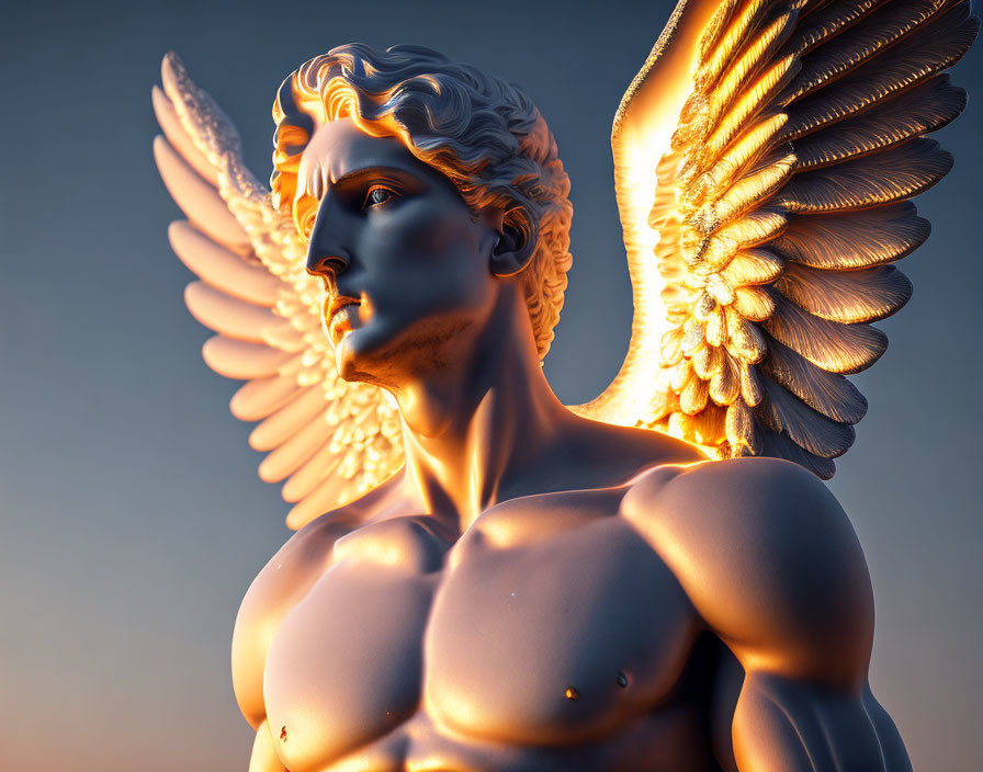 Classical angel statue in 3D with intricate wings and serene expression