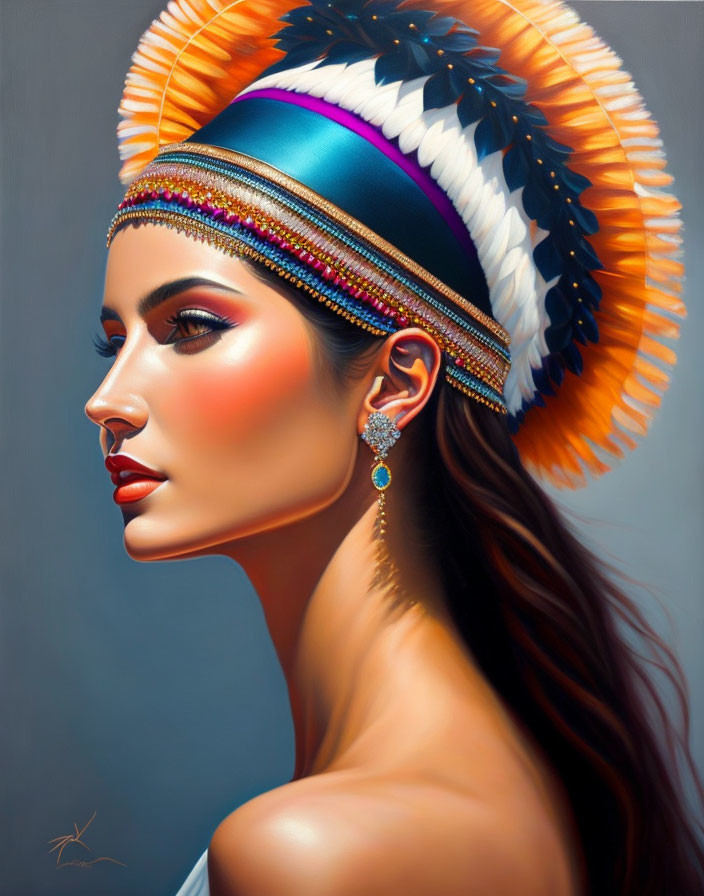 Portrait of Woman with Colorful Feather Headdress and Vibrant Makeup