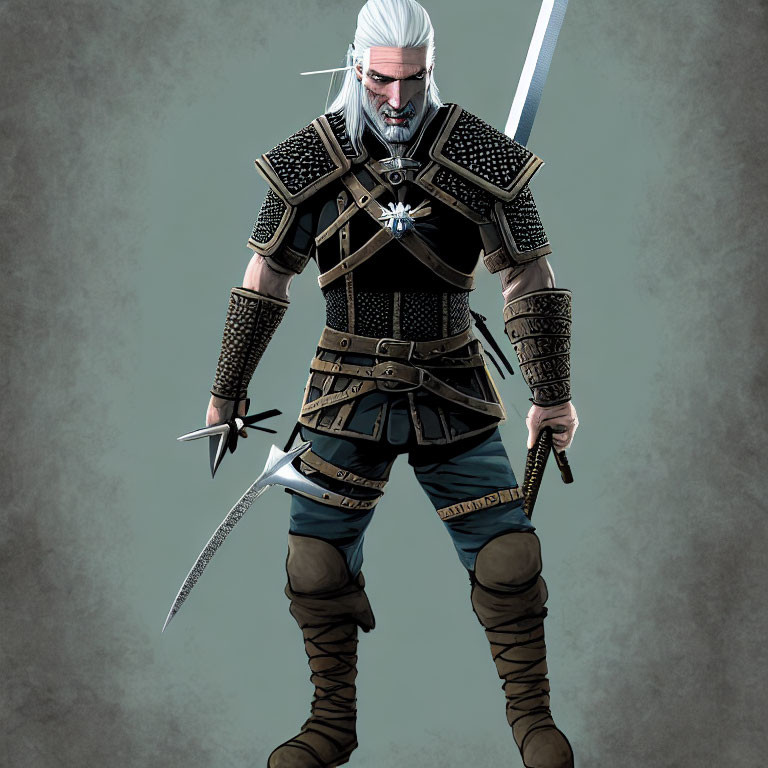 White-Haired Bearded Warrior in Medieval Armor with Two Swords