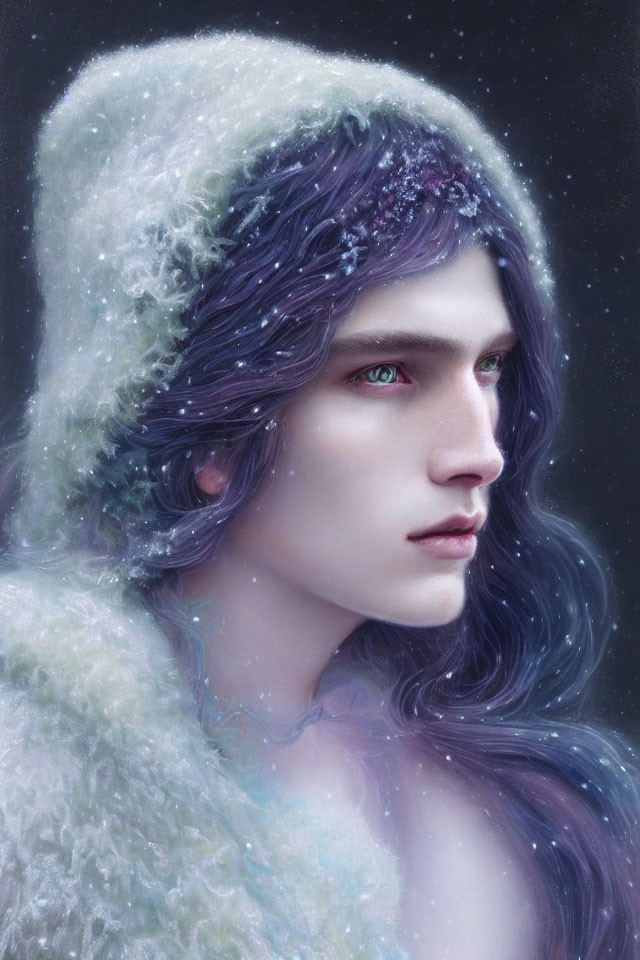 Person with Green Eyes and Purple Hair in Winter Setting