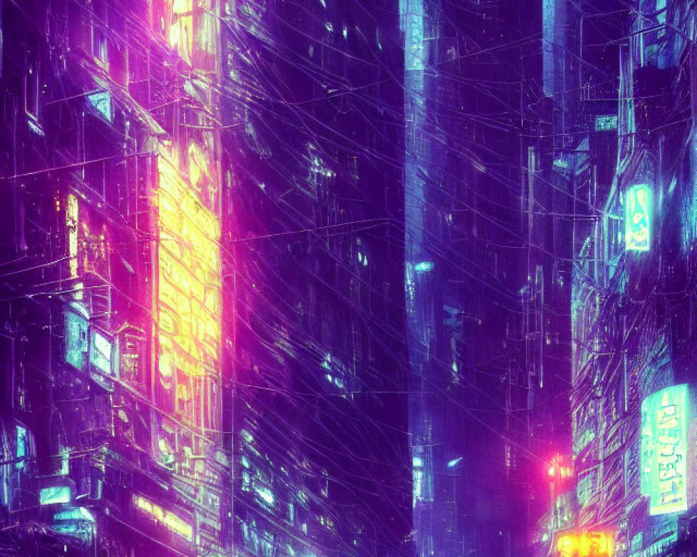 Neon-lit cyberpunk cityscape at night with skyscrapers, rain-drenched streets,