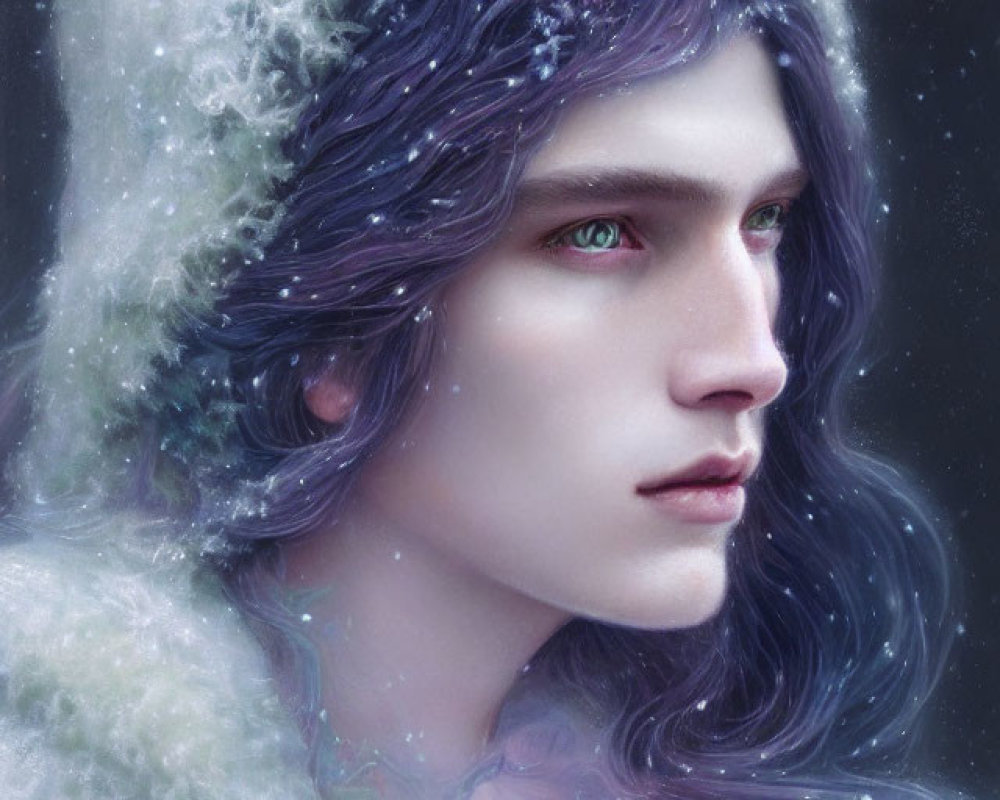 Person with Green Eyes and Purple Hair in Winter Setting