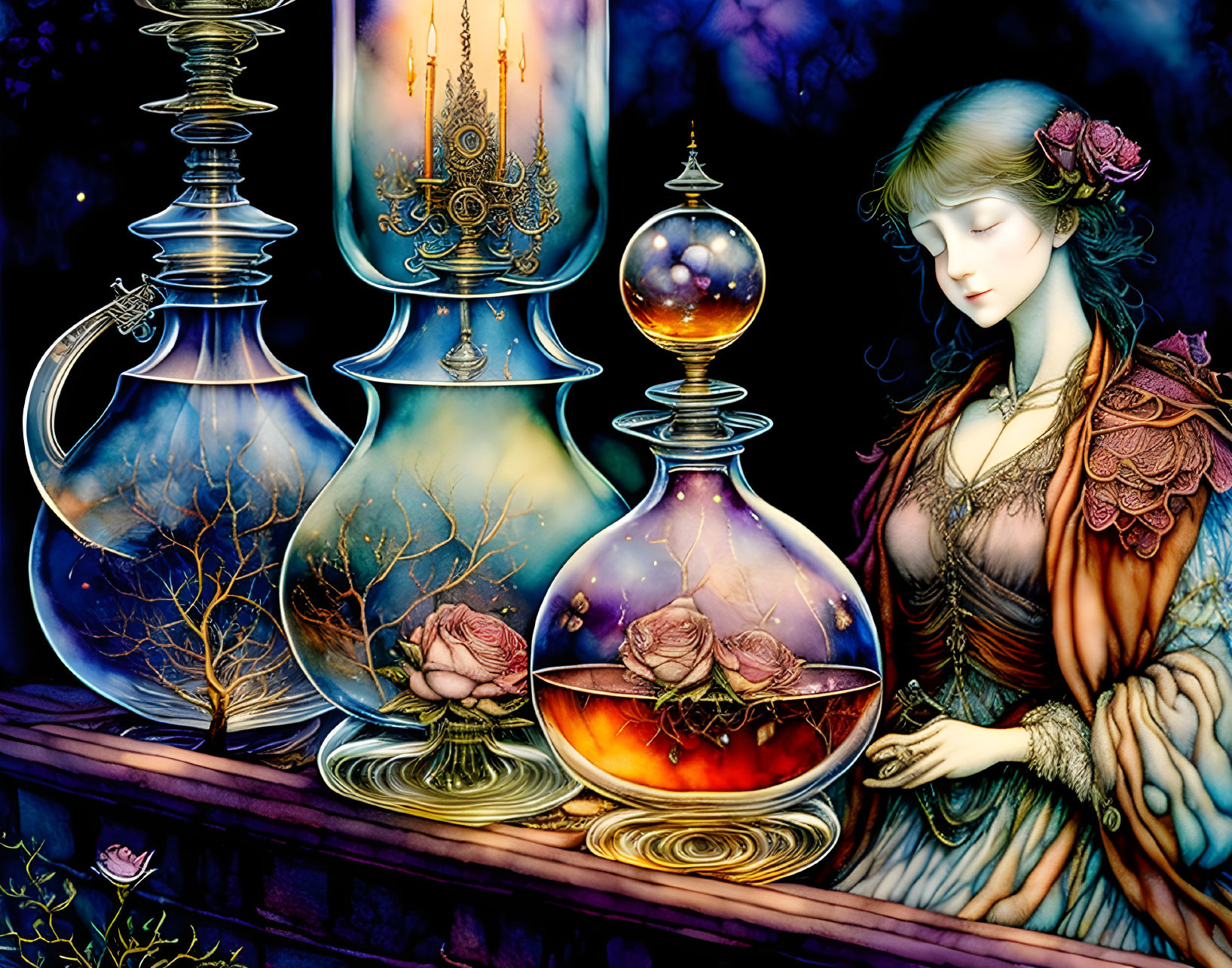 Fantasy illustration of woman with closed eyes surrounded by ornate bottles, glowing orb, roses, night