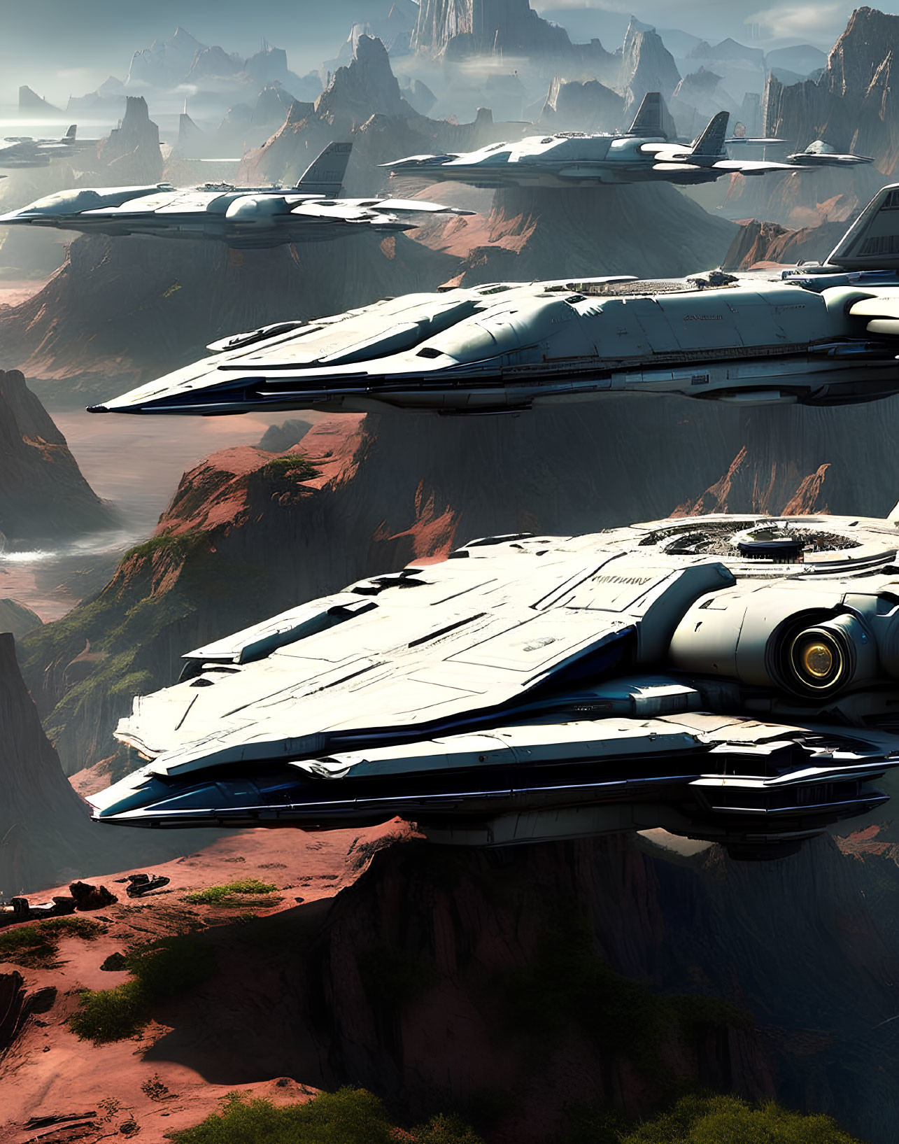 Futuristic spacecraft fleet over desert canyon with cliffs