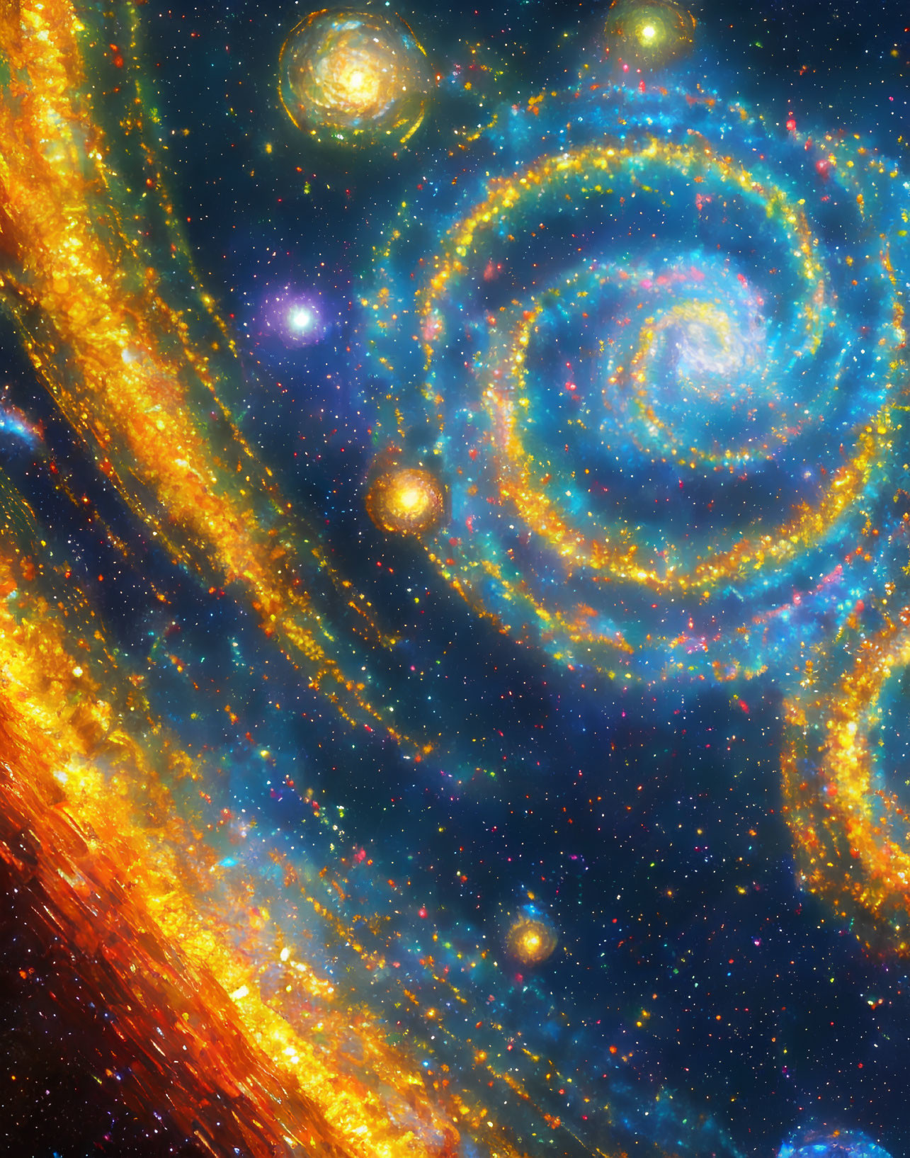 Spiral Galaxy Image with Bright Swirling Arms in Blue, Orange, and Yellow