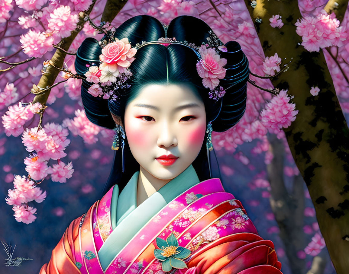 Vibrant digital art: Woman in Japanese attire with cherry blossoms.