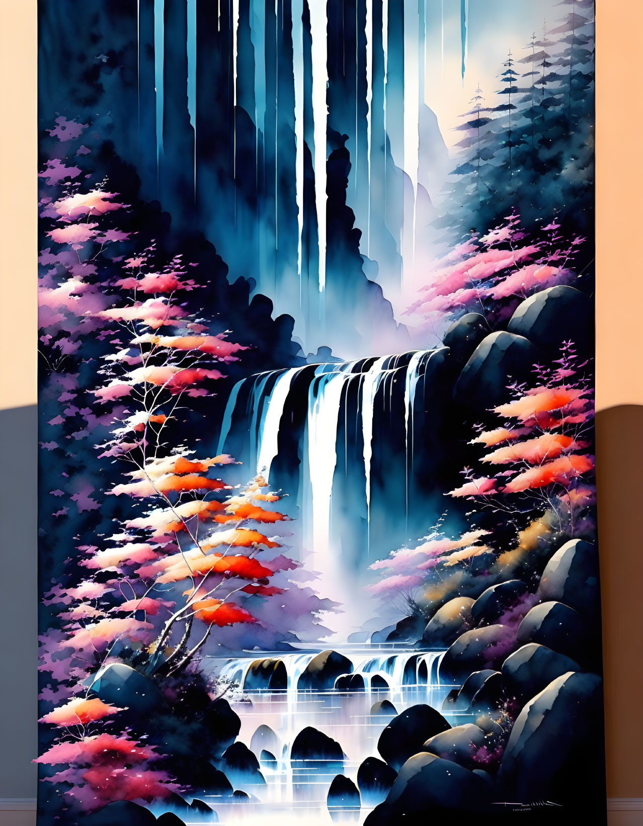 Colorful waterfall painting with foliage and trees on blue background