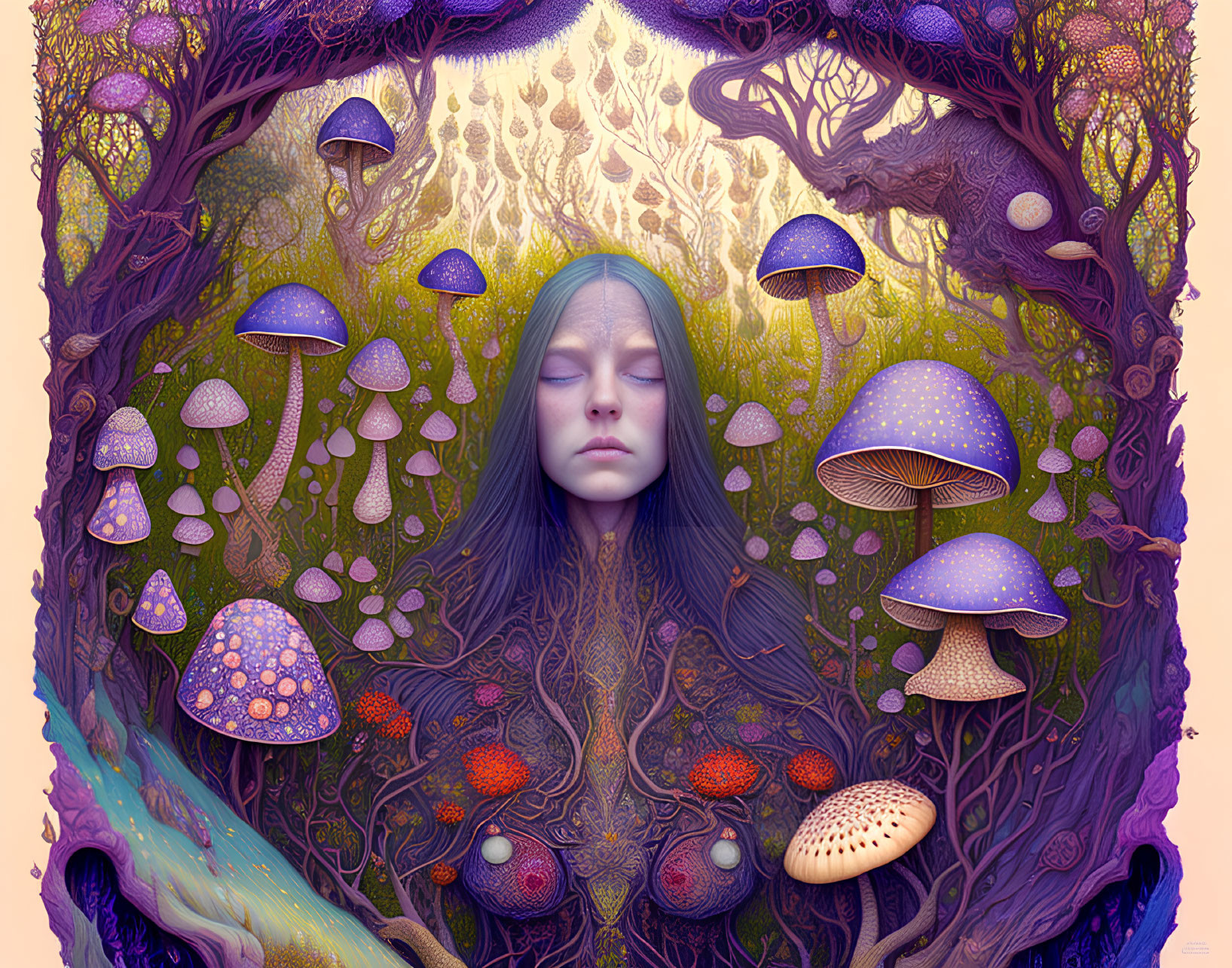 Surreal illustration of tranquil woman's face in vibrant, mystical forest