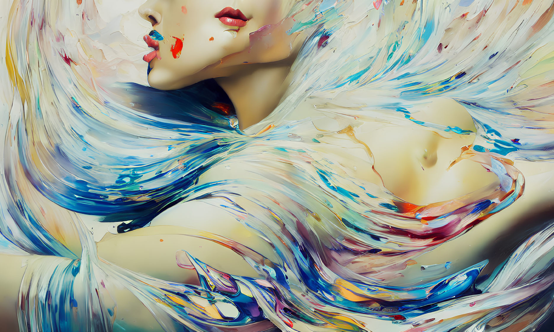 Colorful digital artwork of woman merging with dynamic strokes