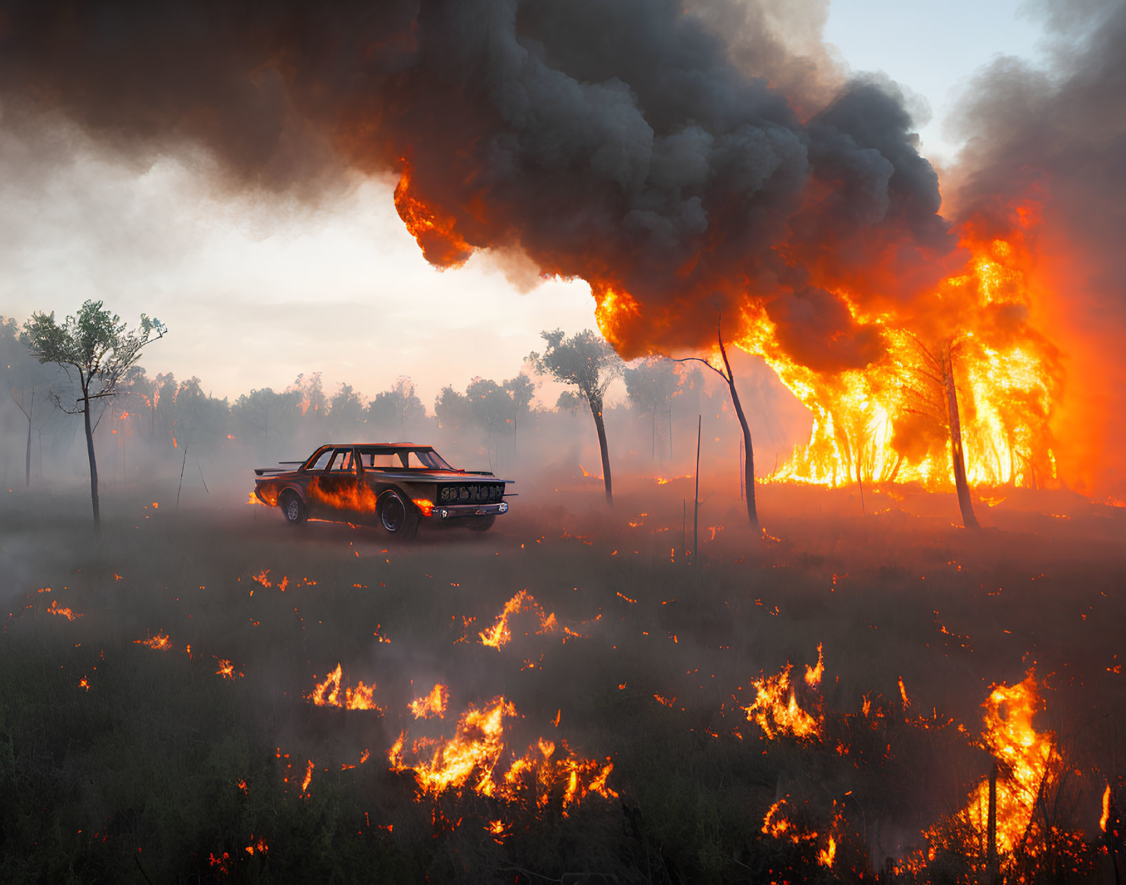 Vehicle fleeing forest fire amidst tall flames and dense smoke