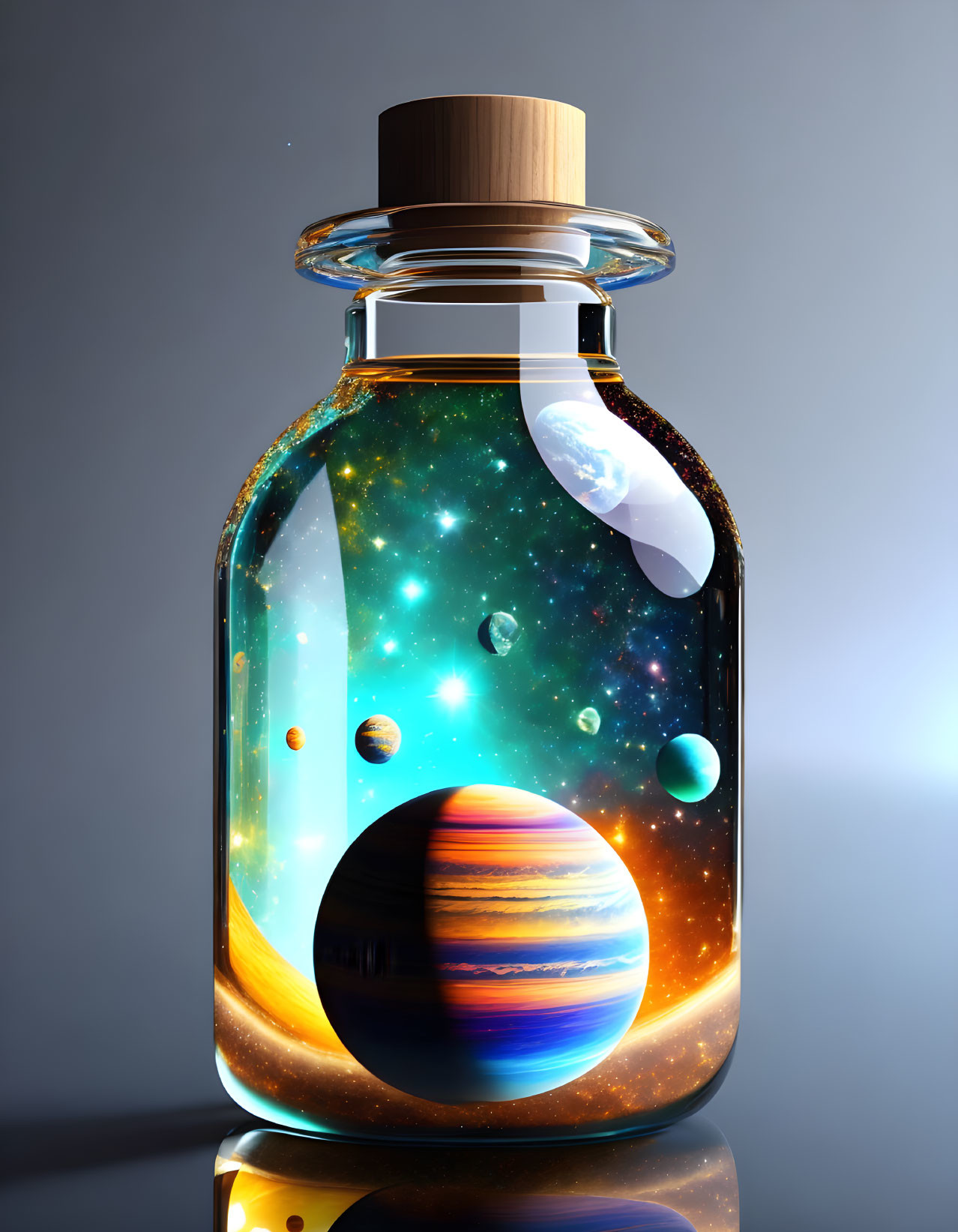 Colorful cosmic scene in glass bottle with planets and stars on reflective surface