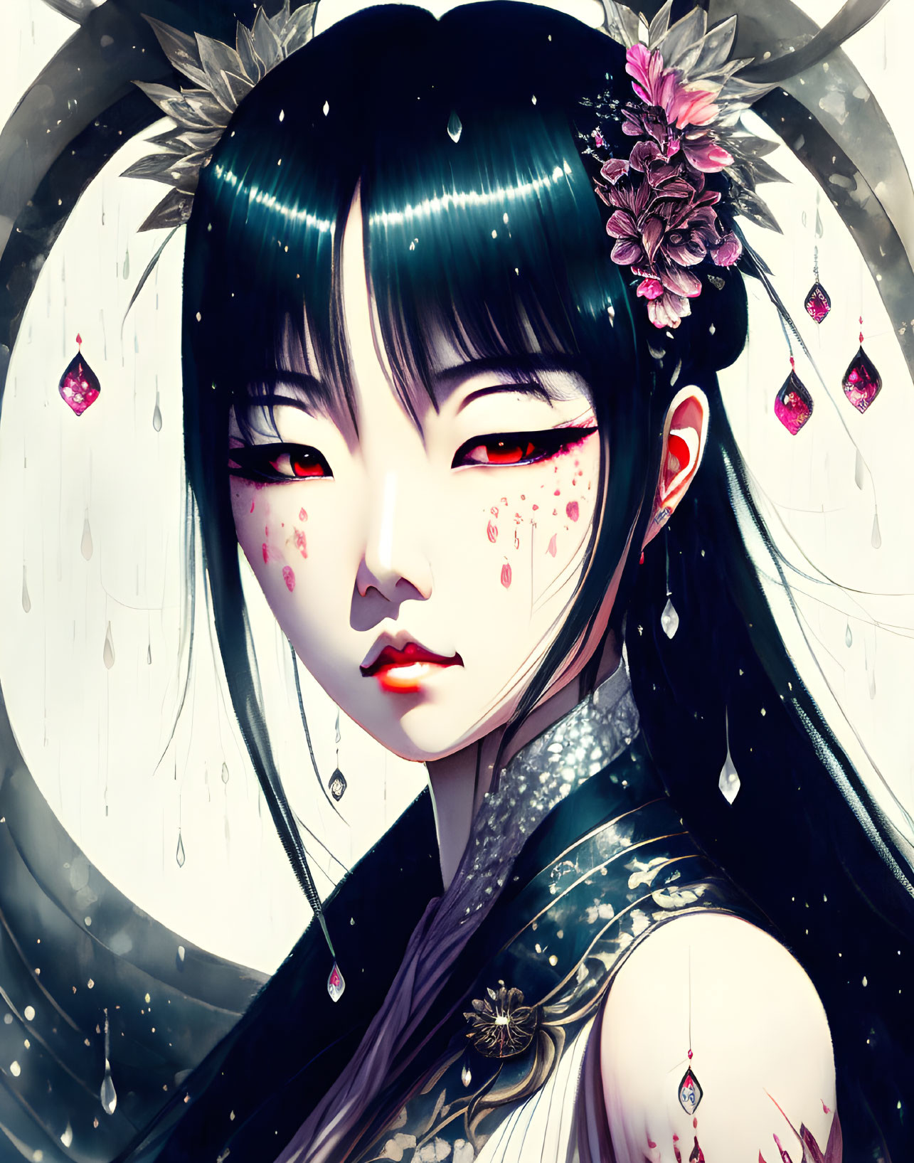 Anime-style digital artwork of female character with black hair and red eyes, adorned with flowers and jewels on