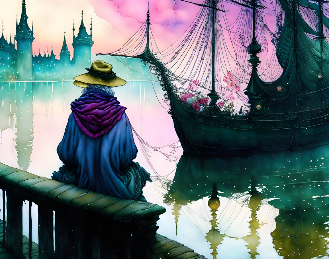 Fantasy scene: Figure in purple cloak by ornate ship and castle at twilight