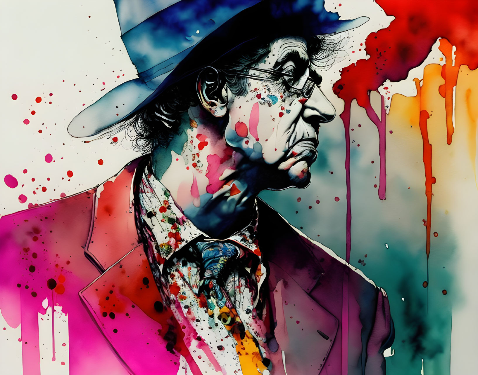 Colorful artwork of man in hat and suit with abstract splattered inks