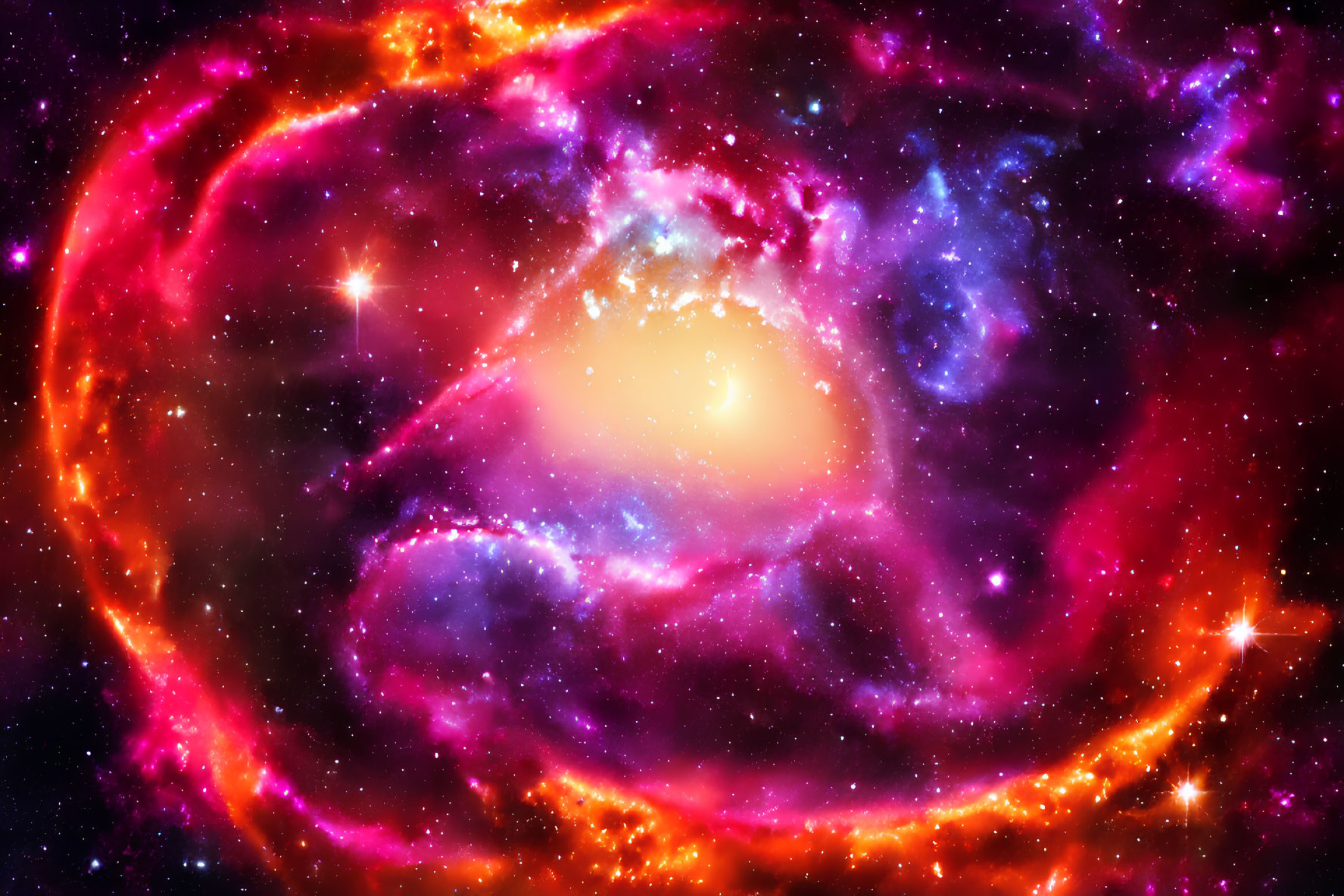 Colorful cosmic galaxy with bright centers and swirling arms in pink, purple, and yellow hues