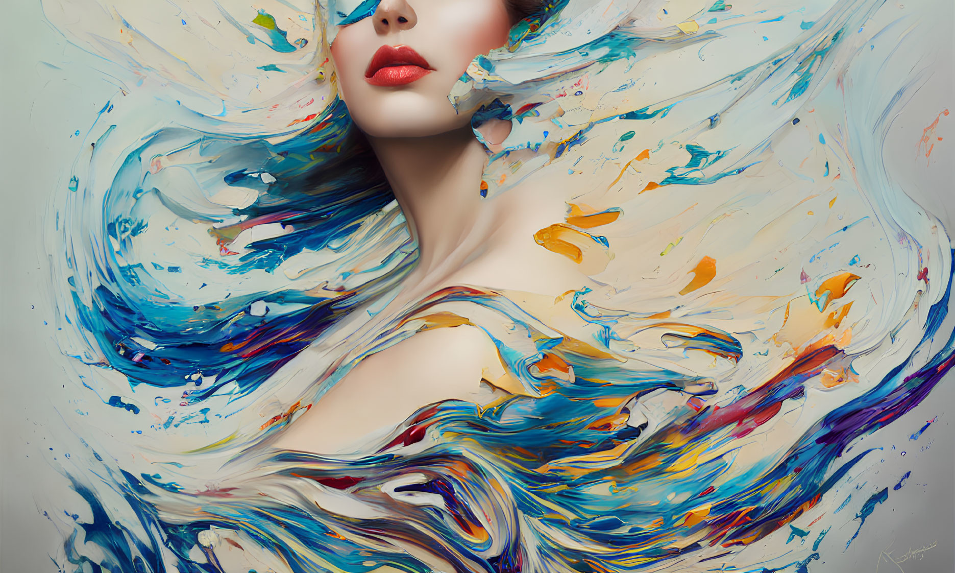 Colorful digital artwork of a woman amidst swirling paint patterns