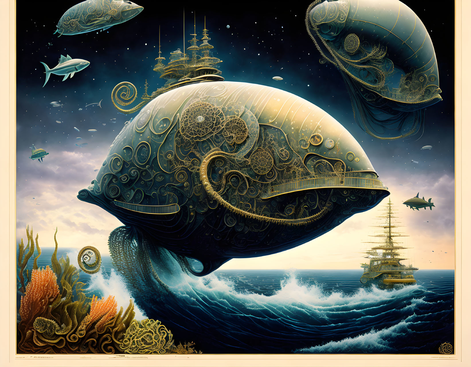 Mechanical whales and sailing ship under starry sky in ocean art.