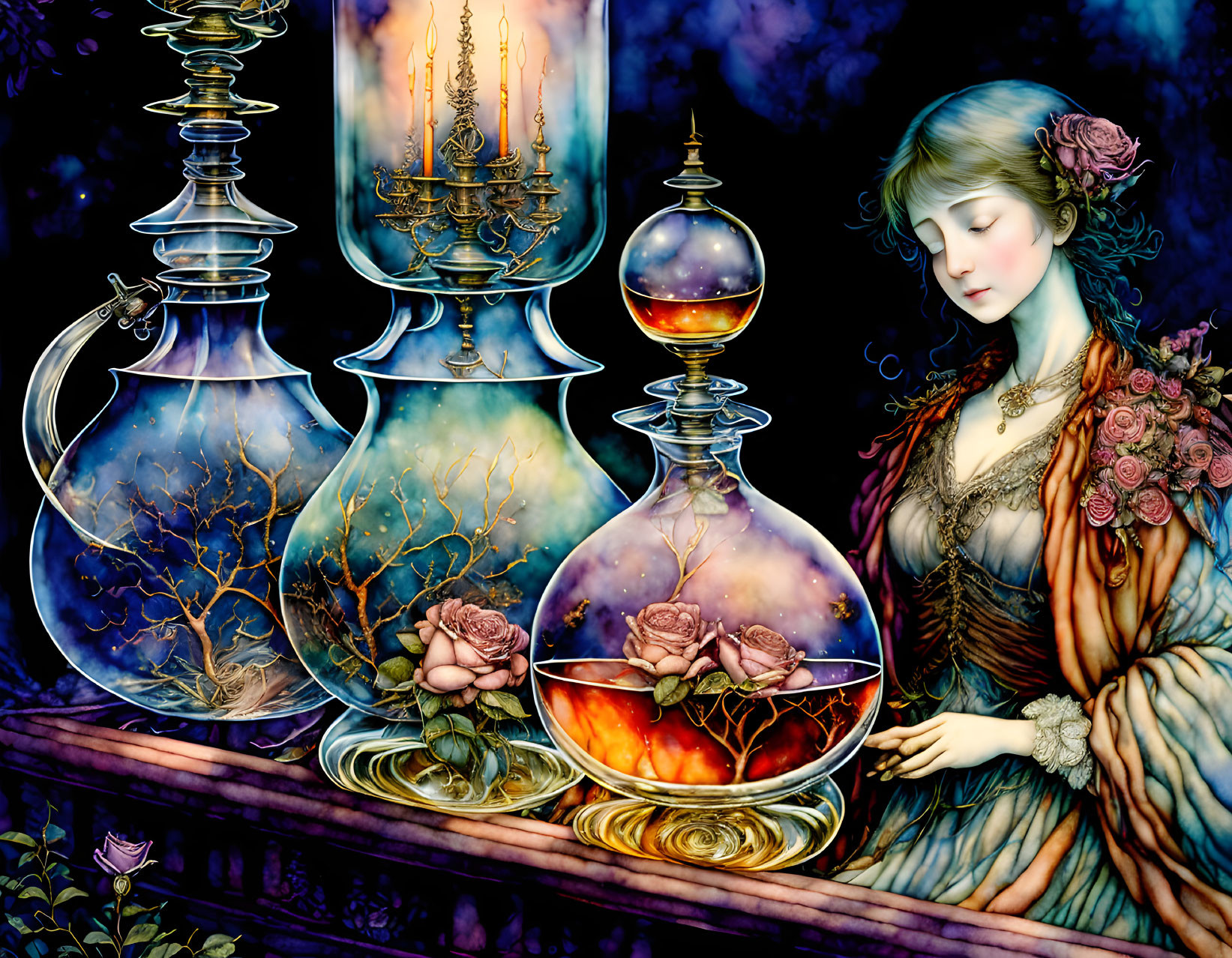 Surreal illustration of woman with roses in hair and fiery rose bulb, surrounded by tree bulbs on