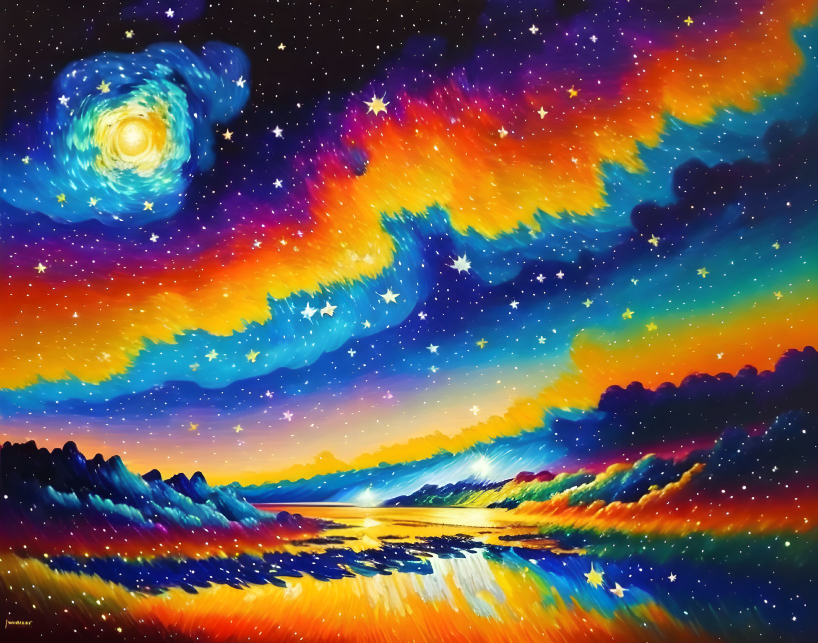 Colorful cosmic painting: starry night sky, galaxy, swirling clouds, stars, bright celestial body