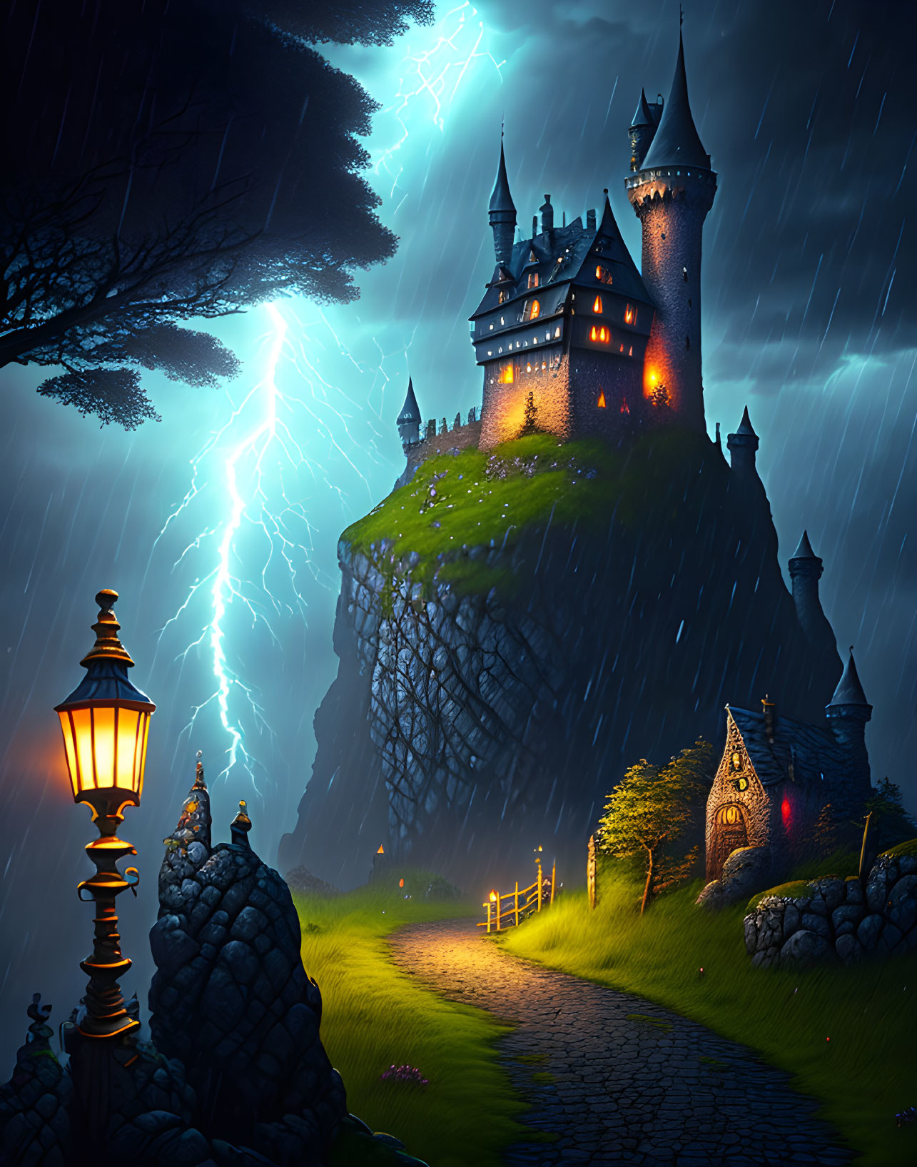 Majestic castle on hill with illuminated pathway under stormy sky