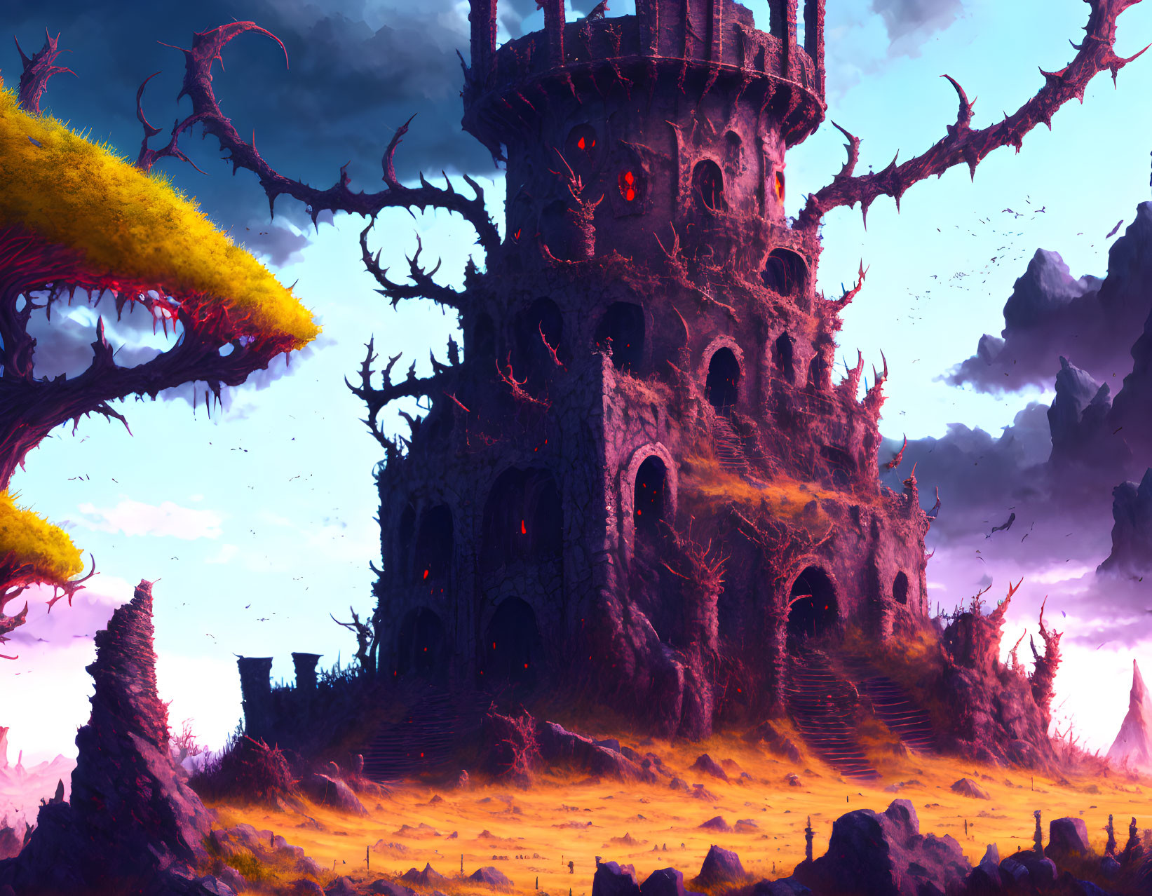 Eerie castle in alien landscape with twisted trees