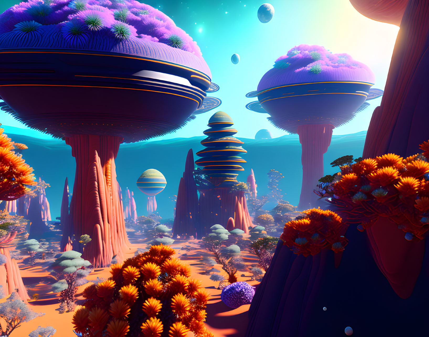 Colorful alien landscape with mushroom-like structures, floating spheres, and vibrant flora