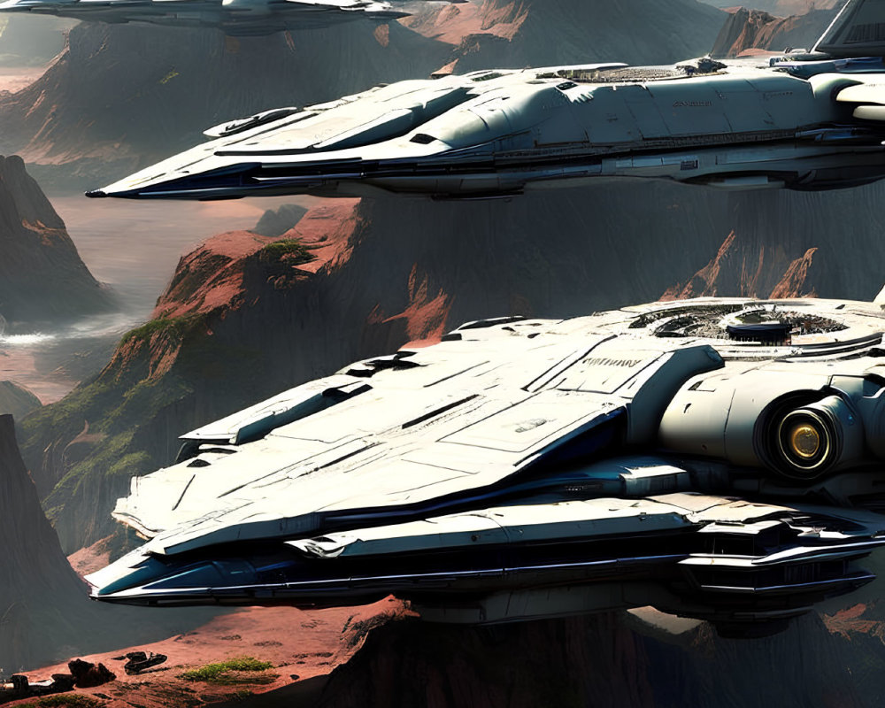 Futuristic spacecraft fleet over desert canyon with cliffs