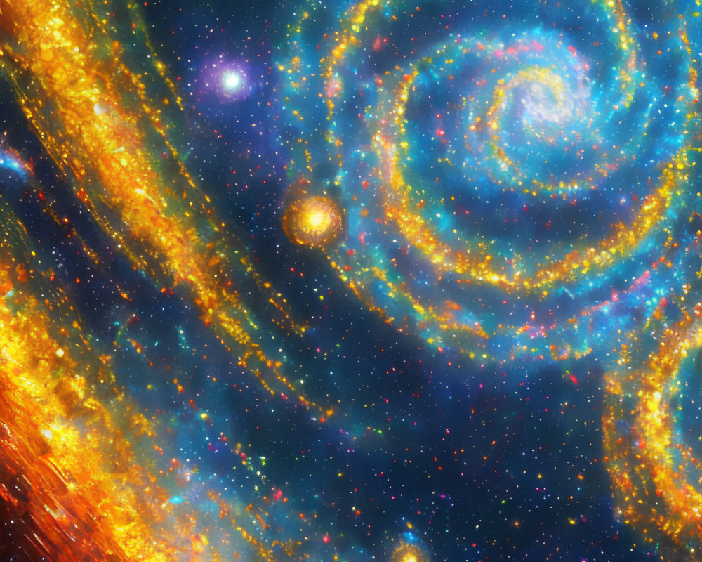 Spiral Galaxy Image with Bright Swirling Arms in Blue, Orange, and Yellow