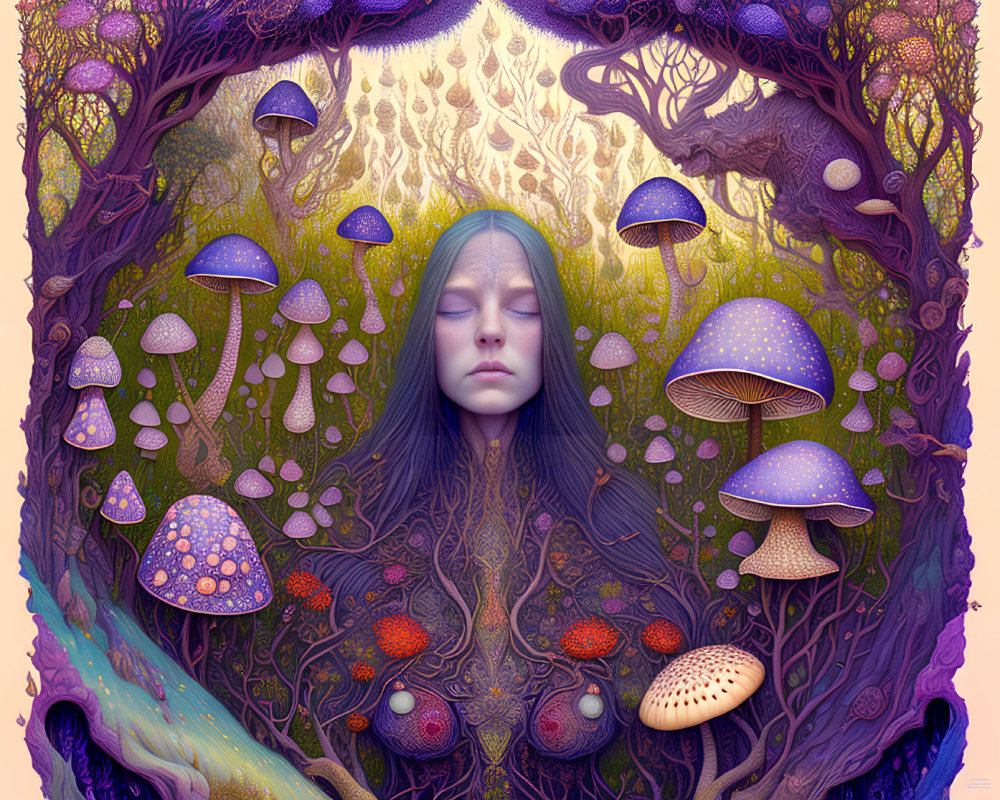 Surreal illustration of tranquil woman's face in vibrant, mystical forest