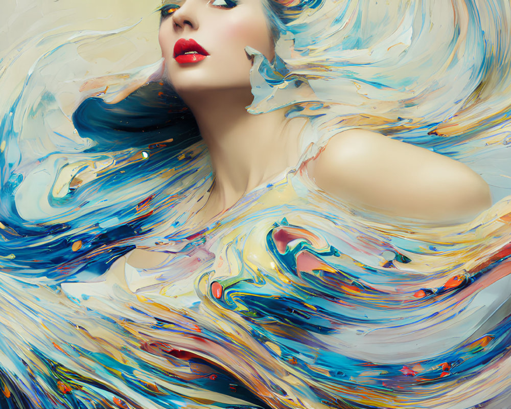 Vibrant woman with red lipstick in colorful paint swirls