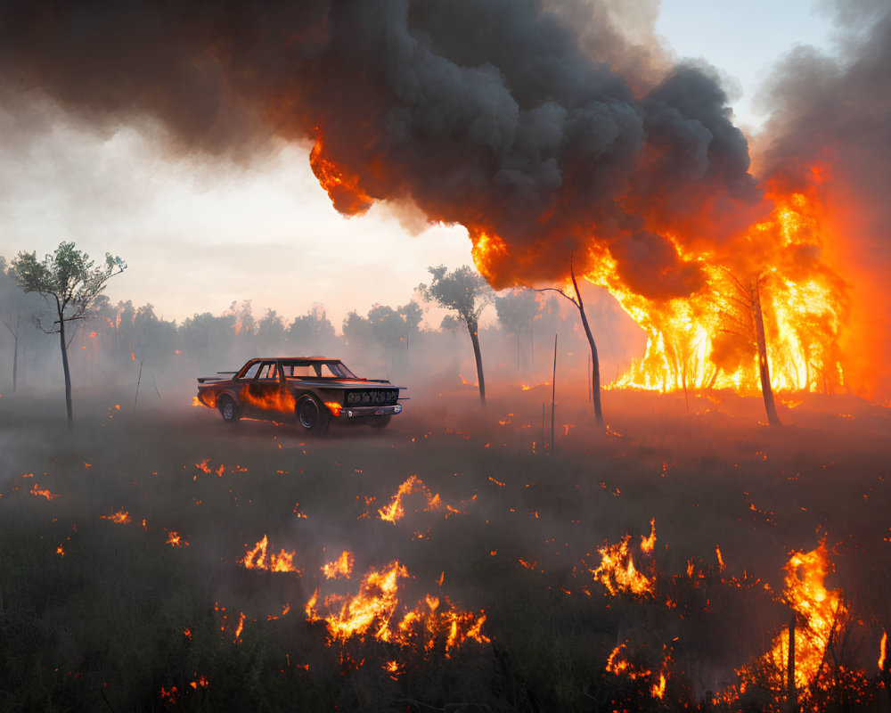 Vehicle fleeing forest fire amidst tall flames and dense smoke