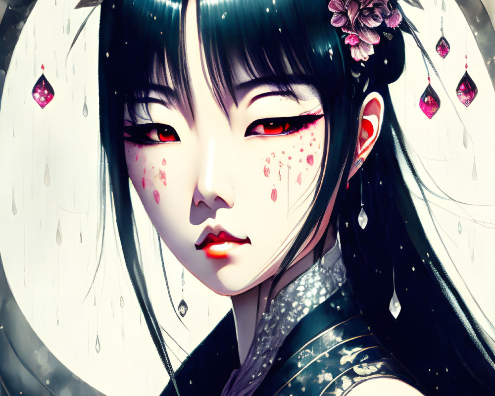 Anime-style digital artwork of female character with black hair and red eyes, adorned with flowers and jewels on