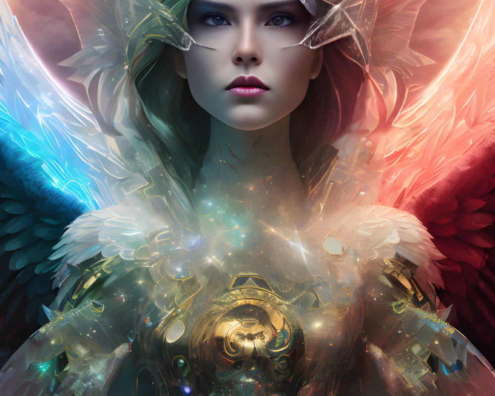 Intricate gold headpiece on fantastical female figure with intense gaze and multi-colored wings.