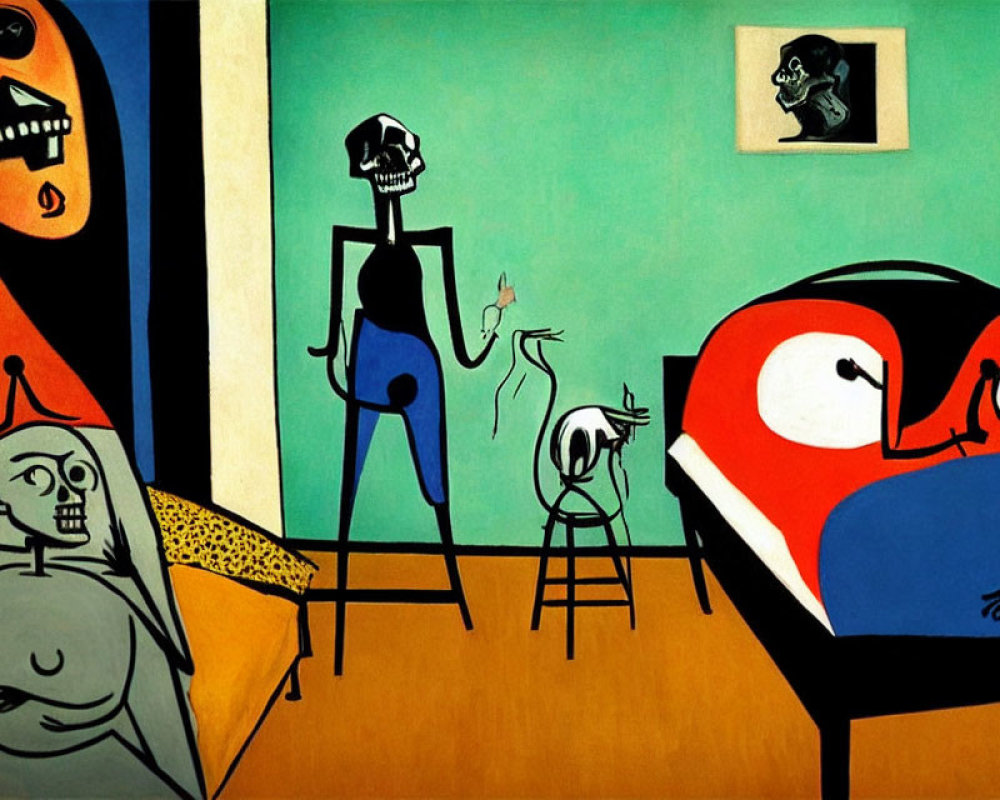 Abstract painting of room with distorted figures, skeleton, bright colors, and cubist style.