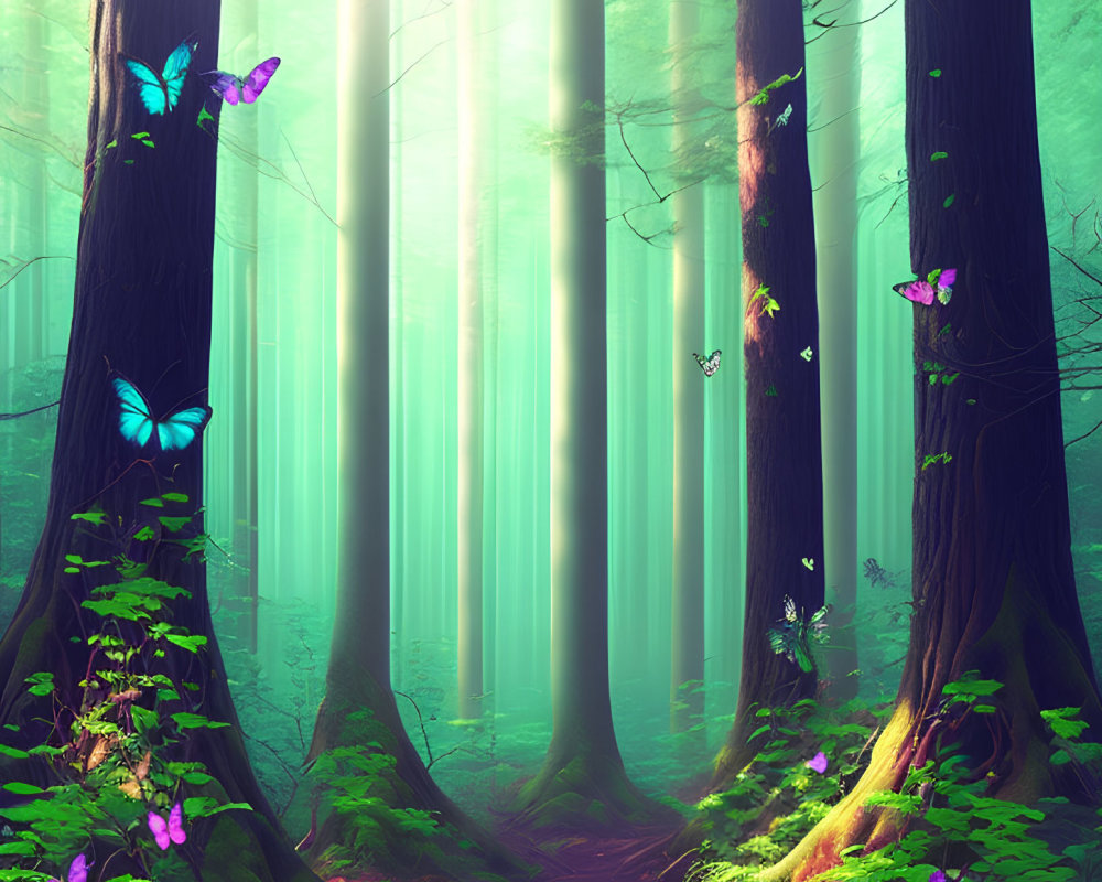 Tranquil forest scene with towering trees, sunlit haze, and vibrant butterflies.