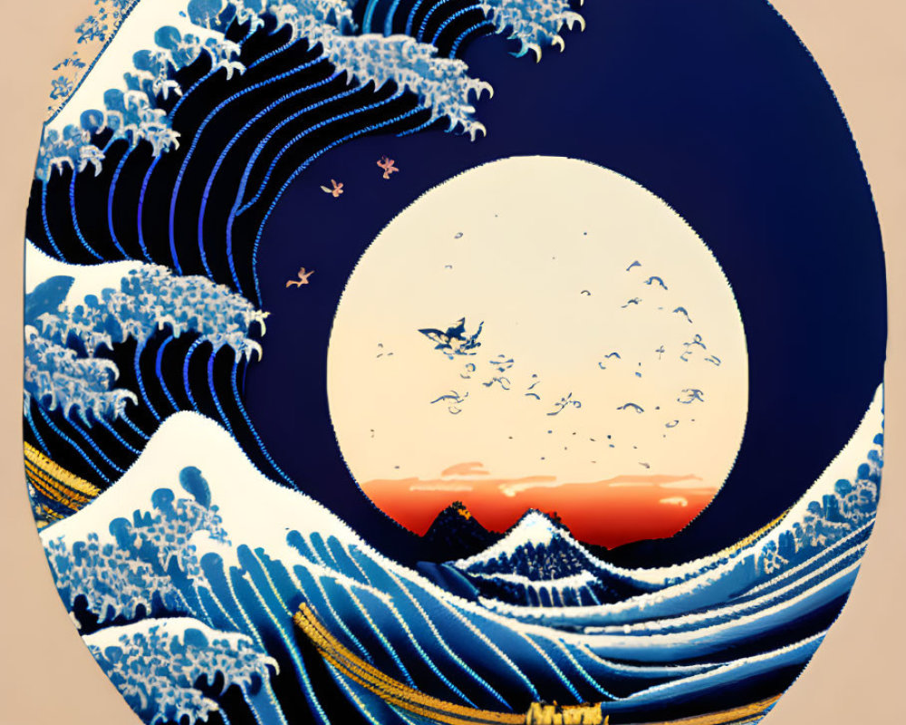 Artistic depiction of stylized sea waves circling a sun, featuring red hues and distant birds.