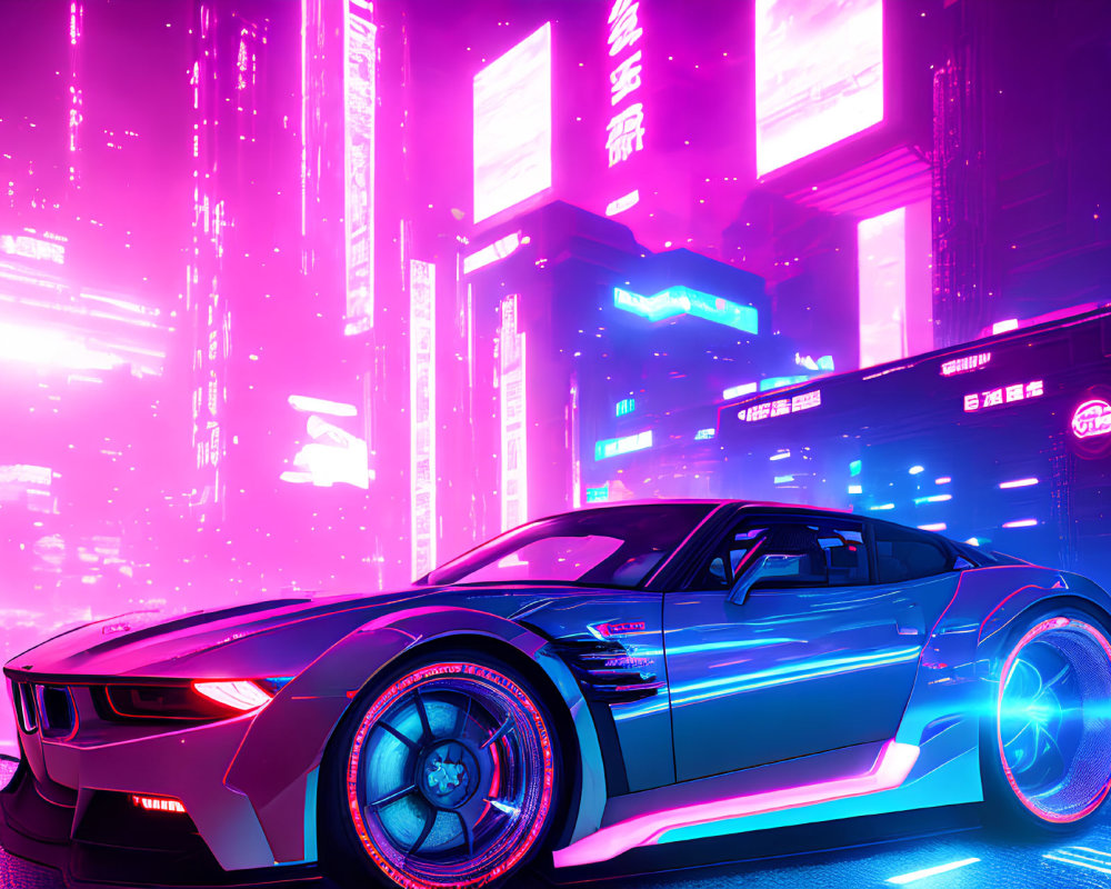 Neon-highlighted sports car in cyberpunk cityscape at night