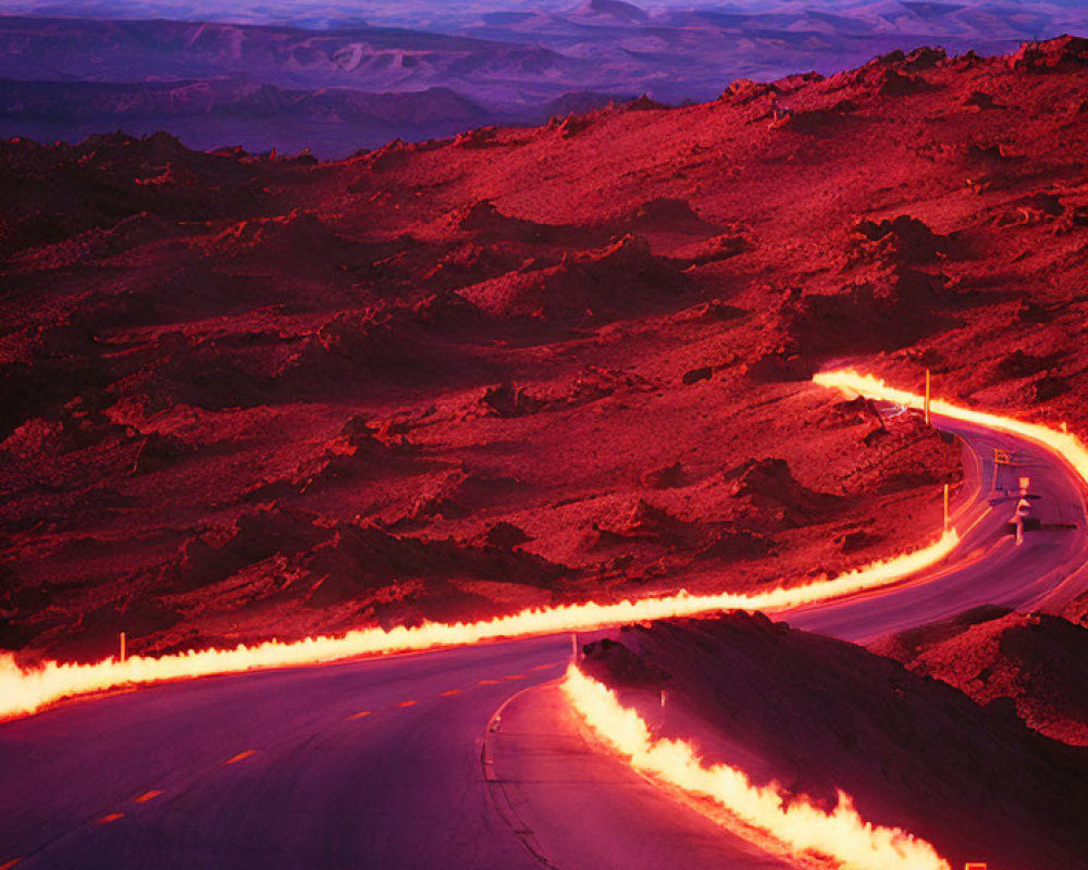 Winding Road with Light Trails and Pink-Purple Dusk Sky