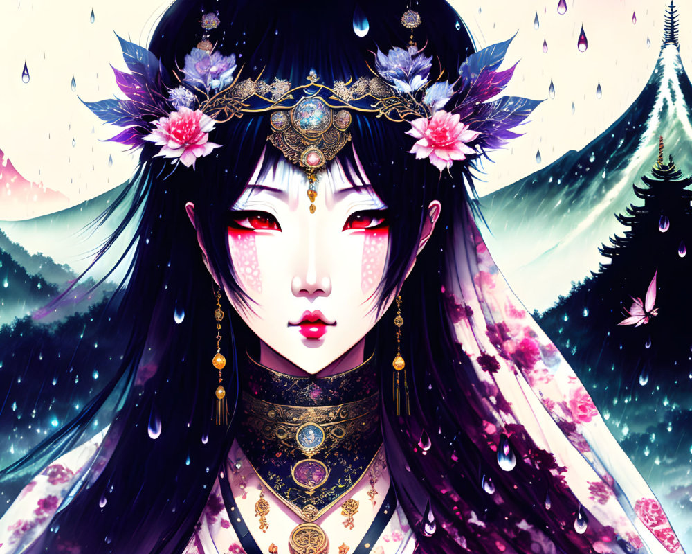 Detailed artwork: Female figure with long black hair, ornate headdress, floral and jewel accents,