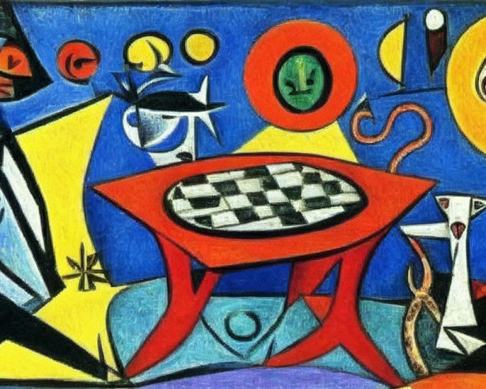 Colorful Abstract Painting of Chessboard on Red Table with Geometric and Curvilinear Shapes