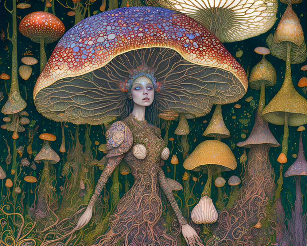 Fantastical illustration of woman with mushroom-like features in glowing forest