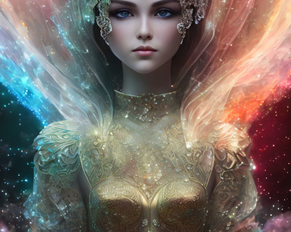 Cosmic-themed multicolored hair woman in gold armor portrait.