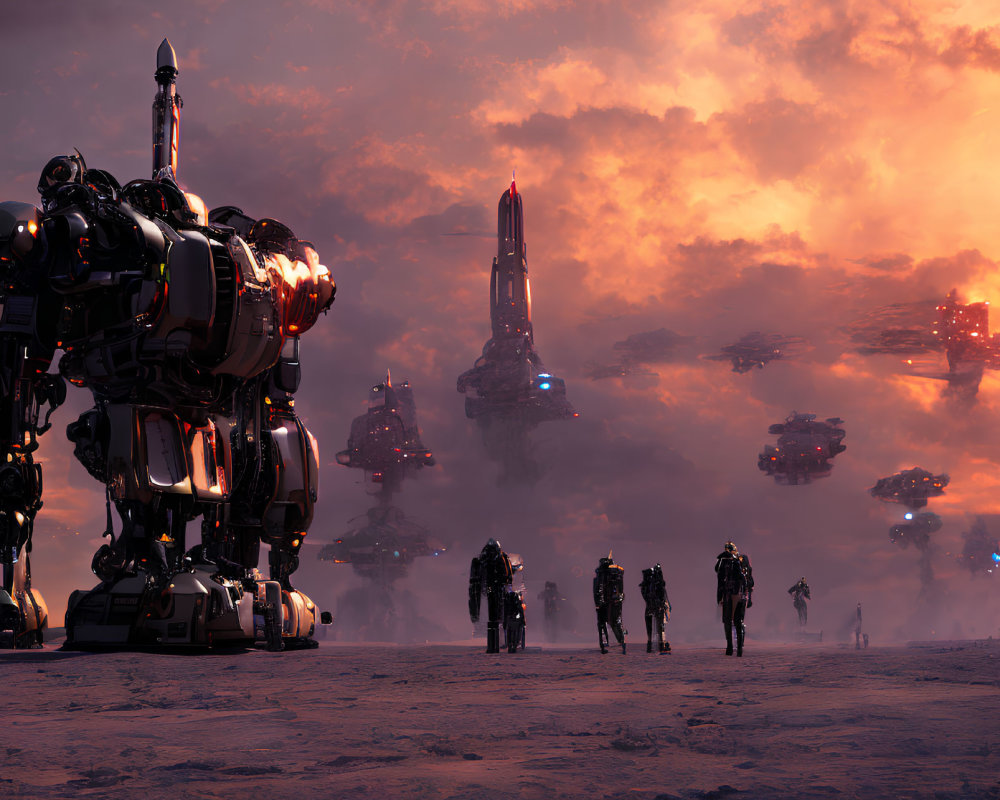 Futuristic landscape with mechs, figures, and towering structures