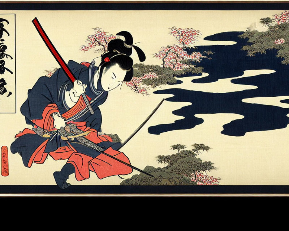 Traditional Japanese Woodblock Print of Woman with Sword by Cherry Blossom River