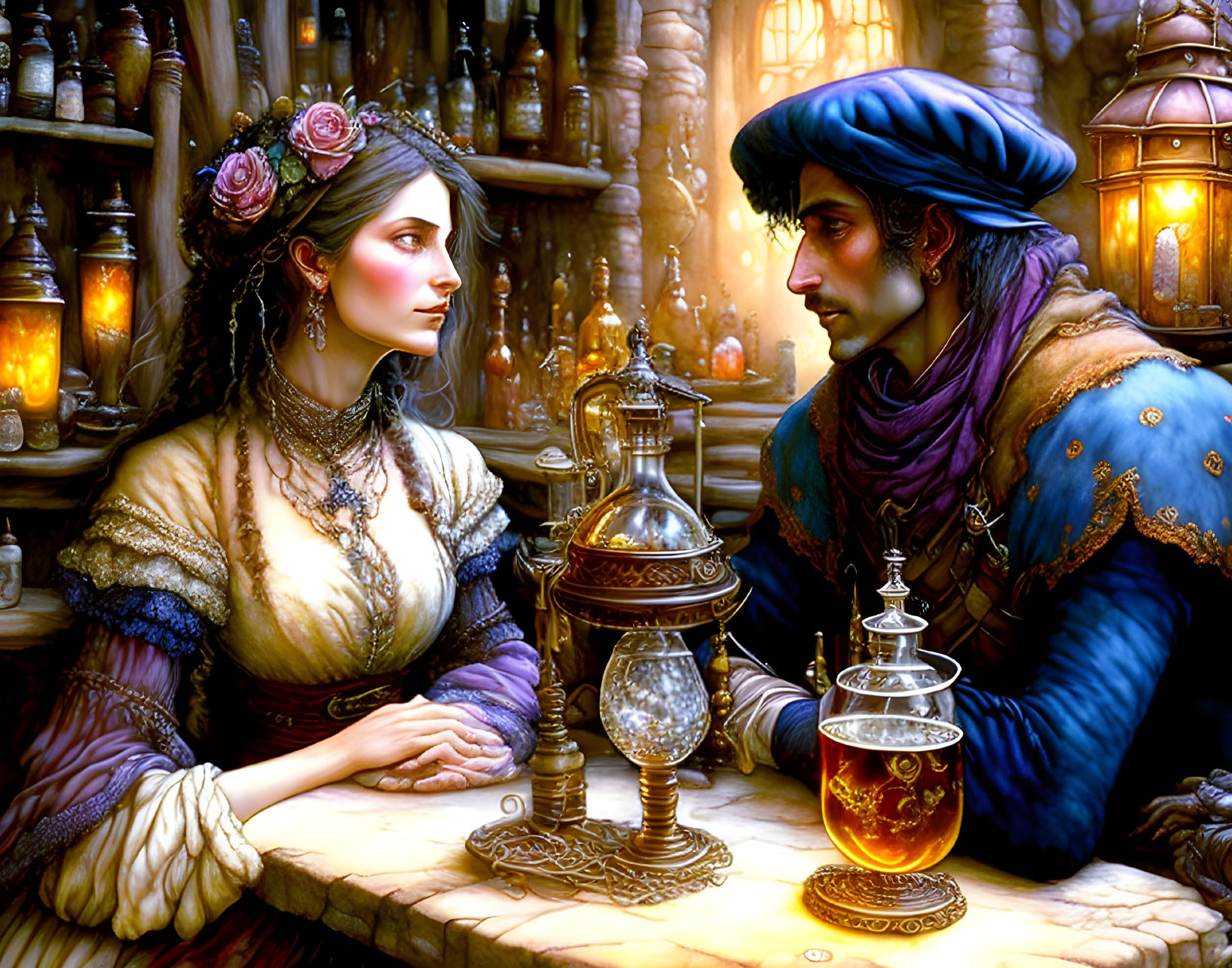 Historically dressed man and woman gaze at each other by candlelight.